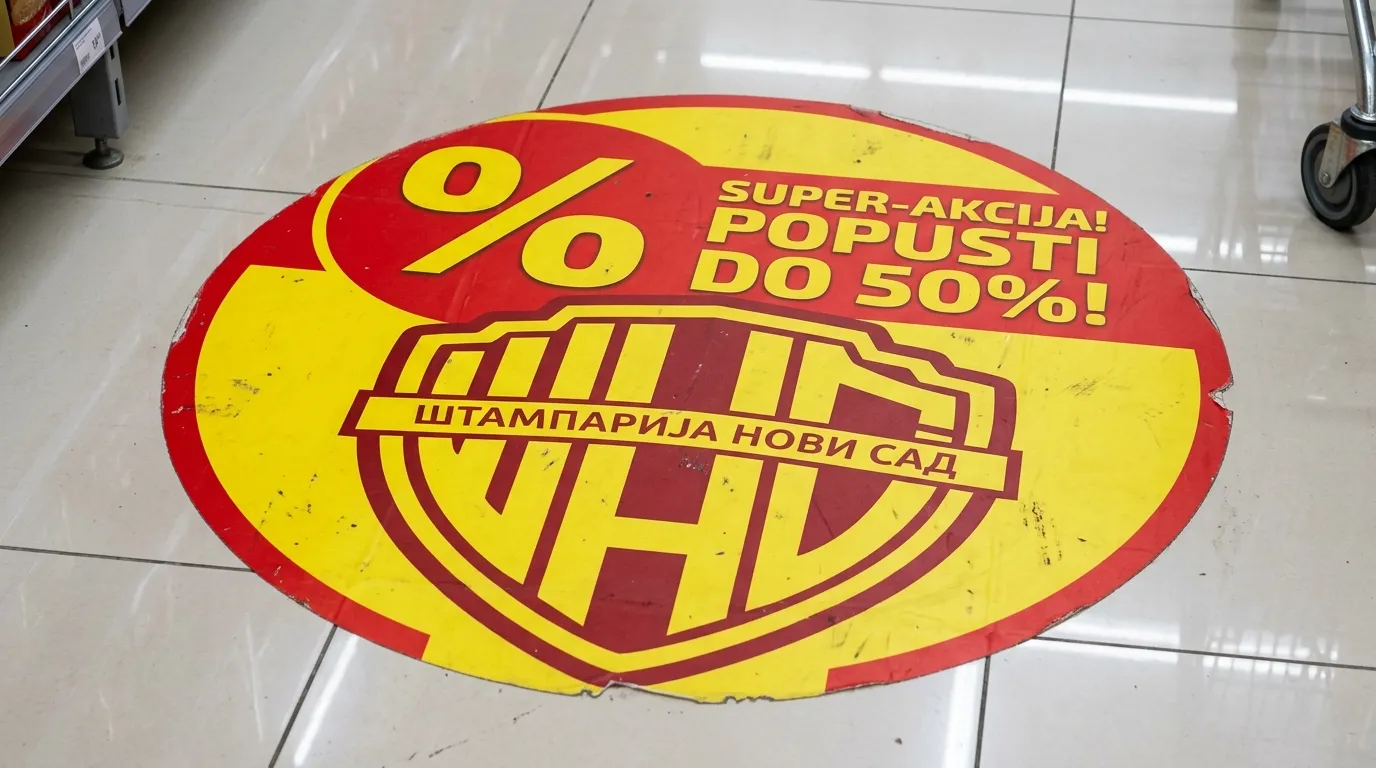 Dekorativne i reklamne nalepnice Podna grafika štamanje nalepnica. Jednostavna aplikacija i vrhunski vizuelni identitet.