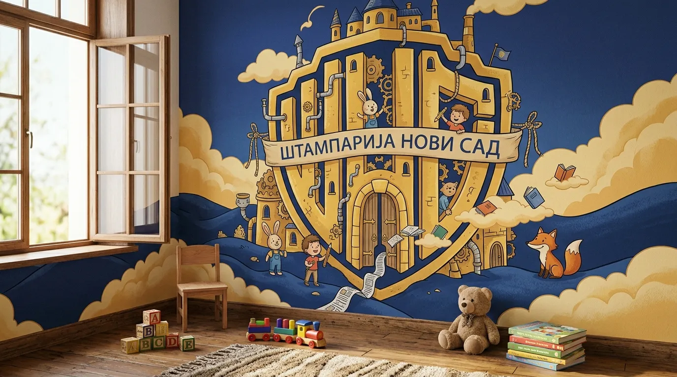 Dekoracija zidova u poslovnom prostoru motivom Štamanje tapeta za dečiju sobu. Jednostavna montaža uz minimalan napor.